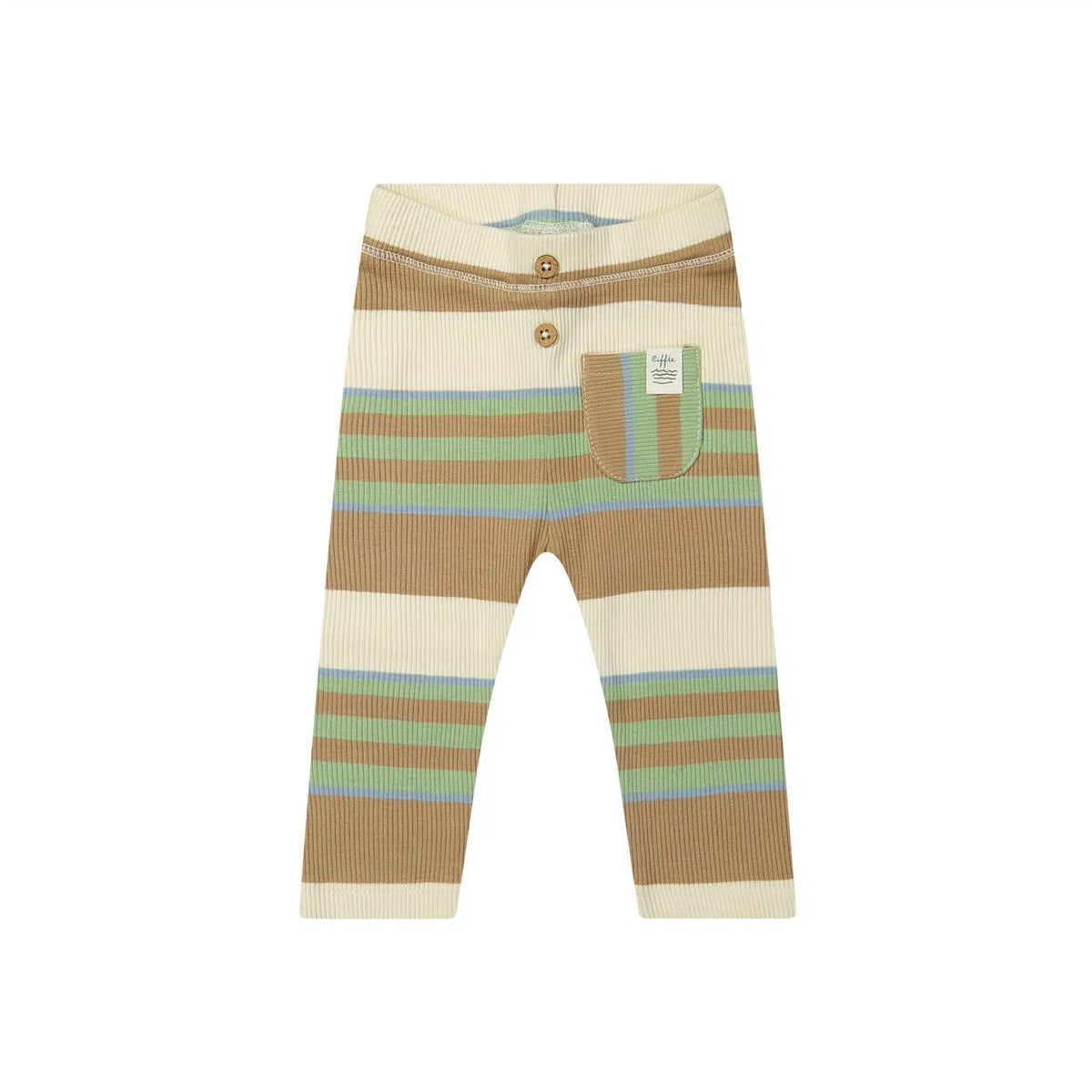 Riffle Amsterdam baby legging met blauw-groen-beige streeppatroon, volledig zicht vanaf voorkant