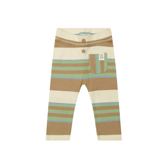 Riffle Amsterdam baby legging met blauw-groen-beige streeppatroon, volledig zicht vanaf voorkant