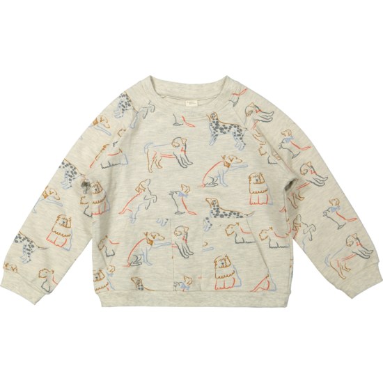 Riffle Amsterdam sweater met all-over hondenprint in pastelkleuren, uitgelegd plat tegen witte achtergrond