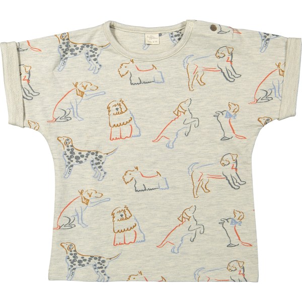 Riffle Amsterdam t-shirt met all-over print van speelse hondjes in verschillende poses, uitgespeid tegen neutrale achtergrond