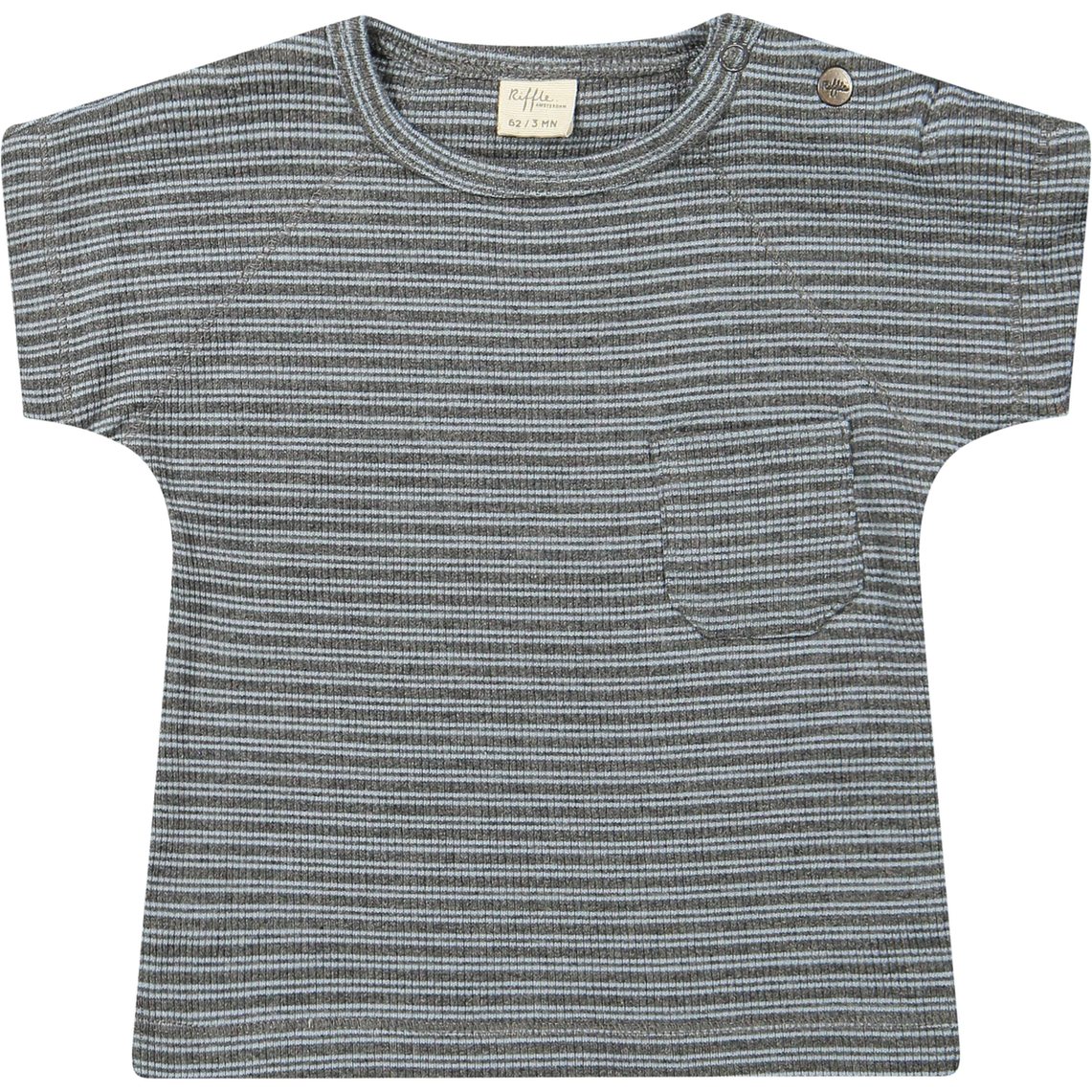 Riffle Amsterdam gestreept t-shirt, plat uitgelegd tegen witte achtergrond, maat 62/3 mnd