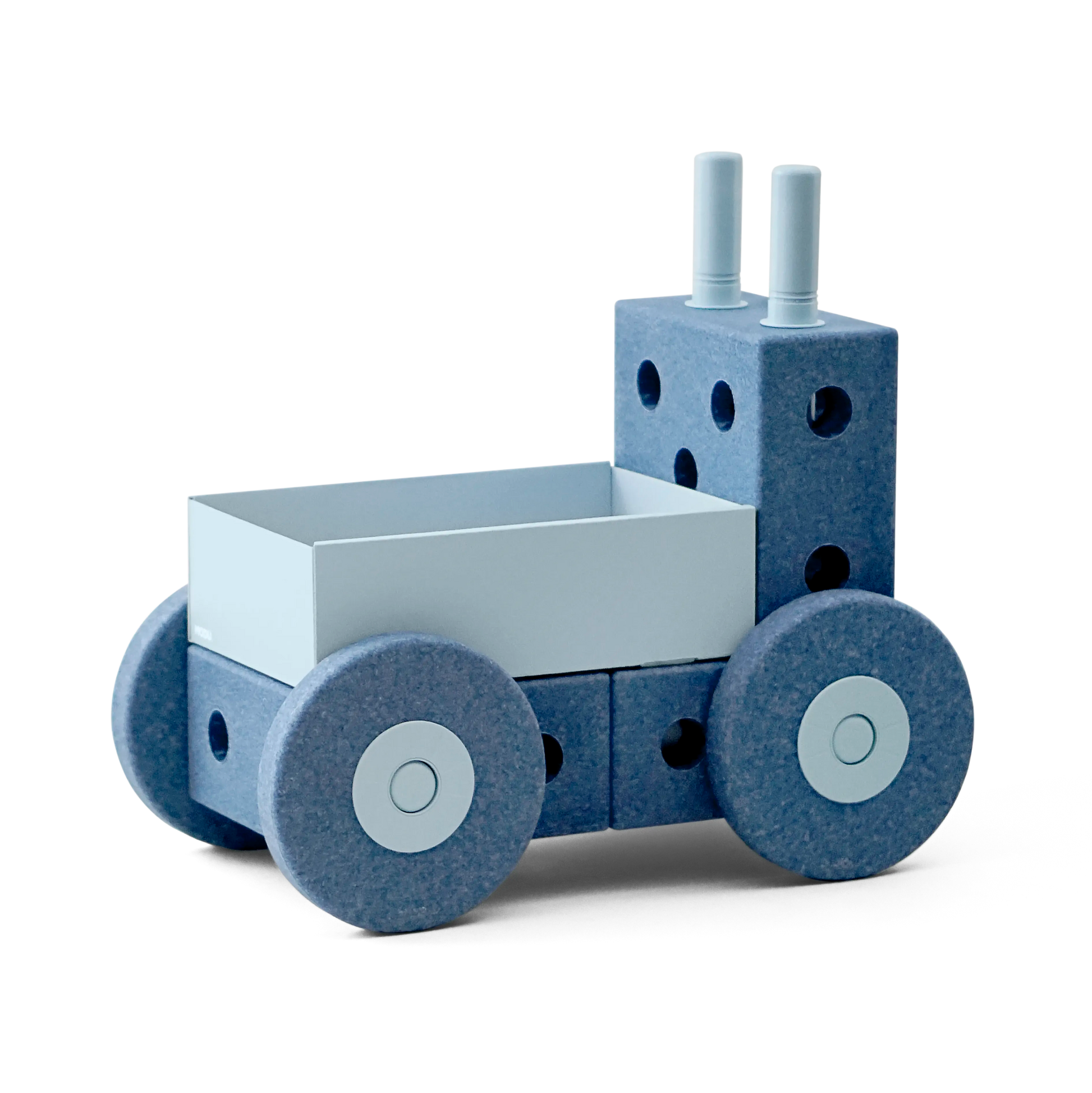 MODU 3-in-1 Baby Walker in Deep Blue met Sky Blue details, zijaanzicht met wielen en speelkubus.