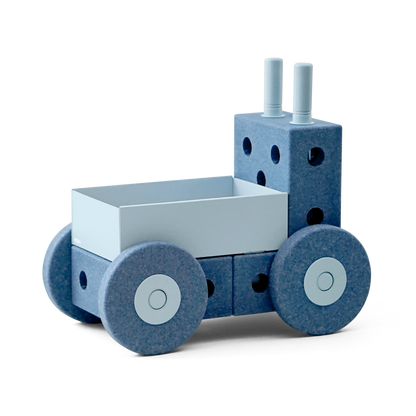 MODU 3-in-1 Baby Walker in Deep Blue met Sky Blue details, zijaanzicht met wielen en speelkubus.