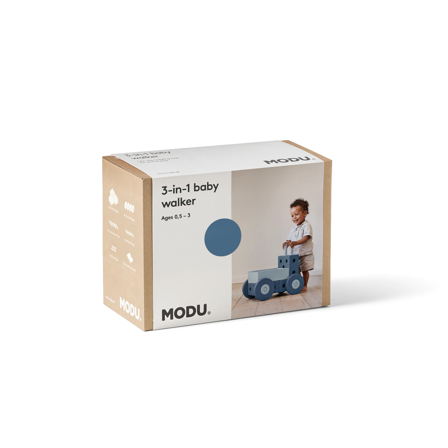 MODU 3-in-1 baby walker in deep blue, verpakking met productafbeelding van peuter die loopwagen voortduwt, in kartonnen doos op witte achtergrond