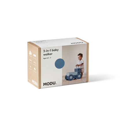 MODU 3-in-1 baby walker in deep blue, verpakking met productafbeelding van peuter die loopwagen voortduwt, in kartonnen doos op witte achtergrond