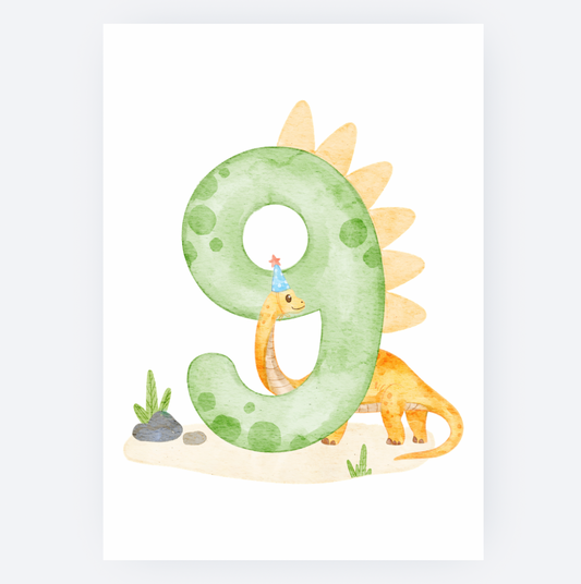 Ansichtkaart - Dino met Cijfer - 9