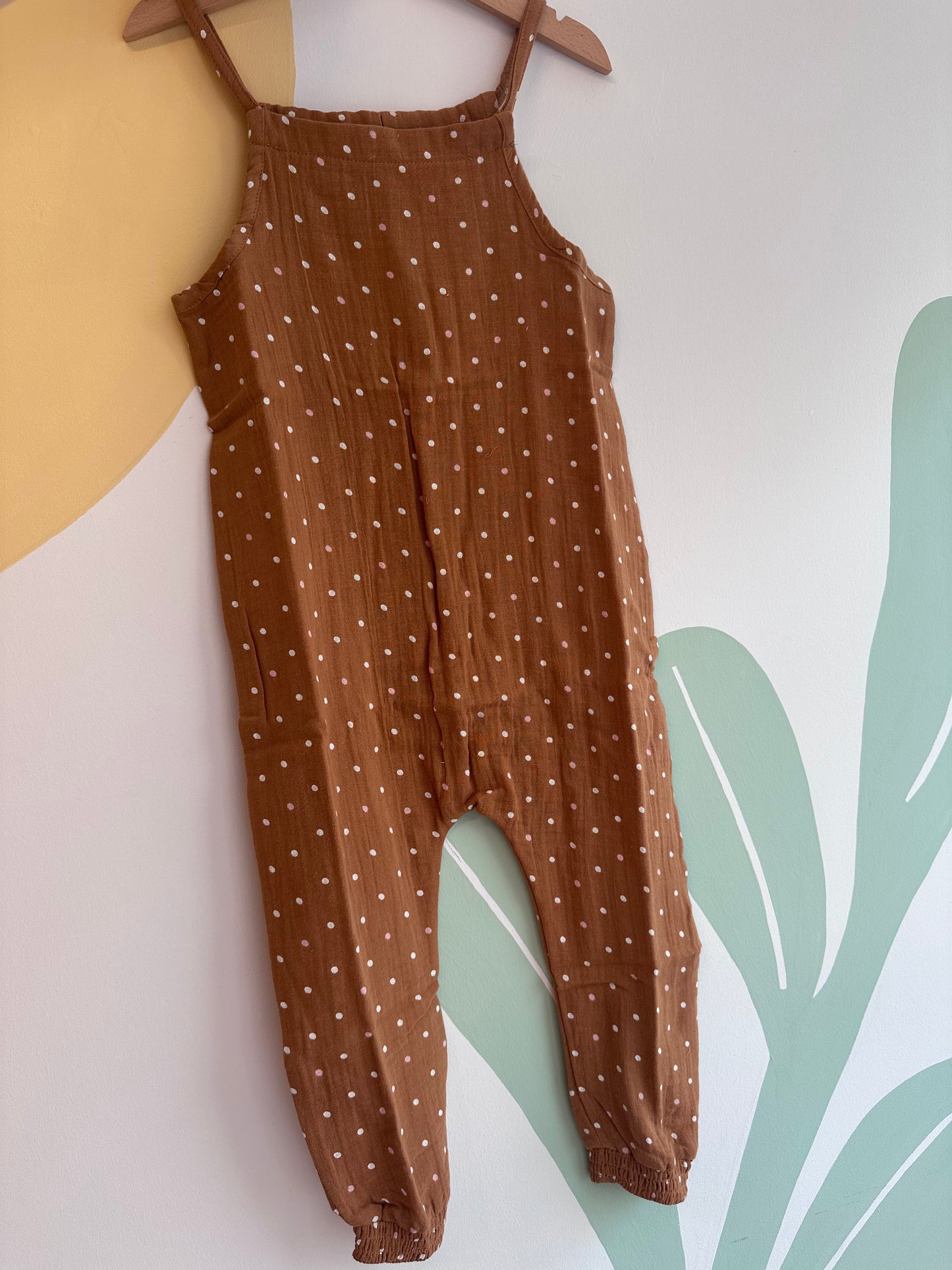 Jumpsuit bruin met stippen - biologisch katoen - Riffle Amsterdam