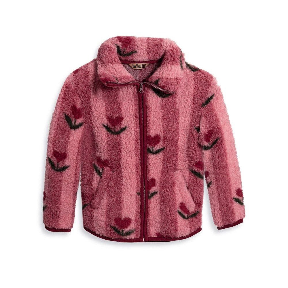Alwero Belins Junior wollen vest in roze met donker patroon, frontal product shot op witte achtergrond