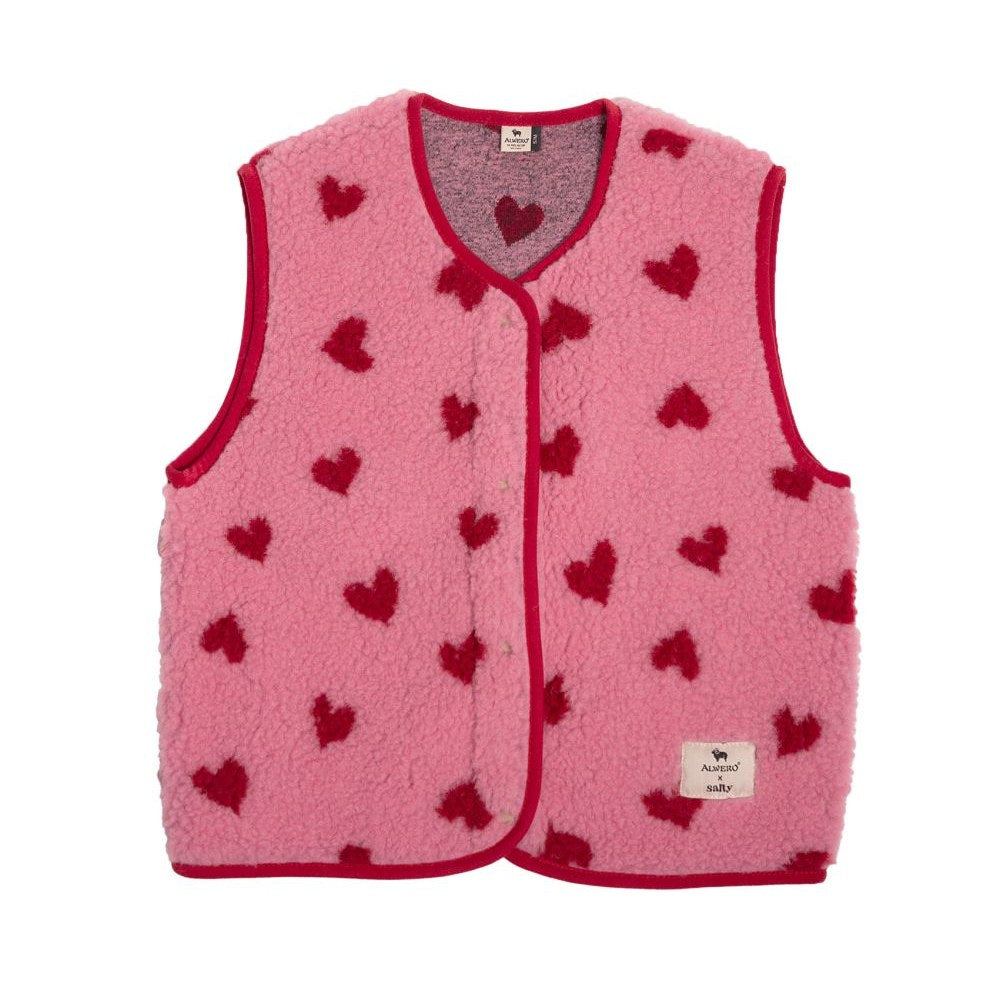 Alwero bodywarmer dames roze met rode hartjes motief, frontaanzicht volledig uitgelegd