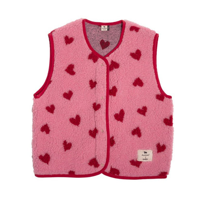 Alwero bodywarmer dames roze met rode hartjes motief, frontaanzicht volledig uitgelegd