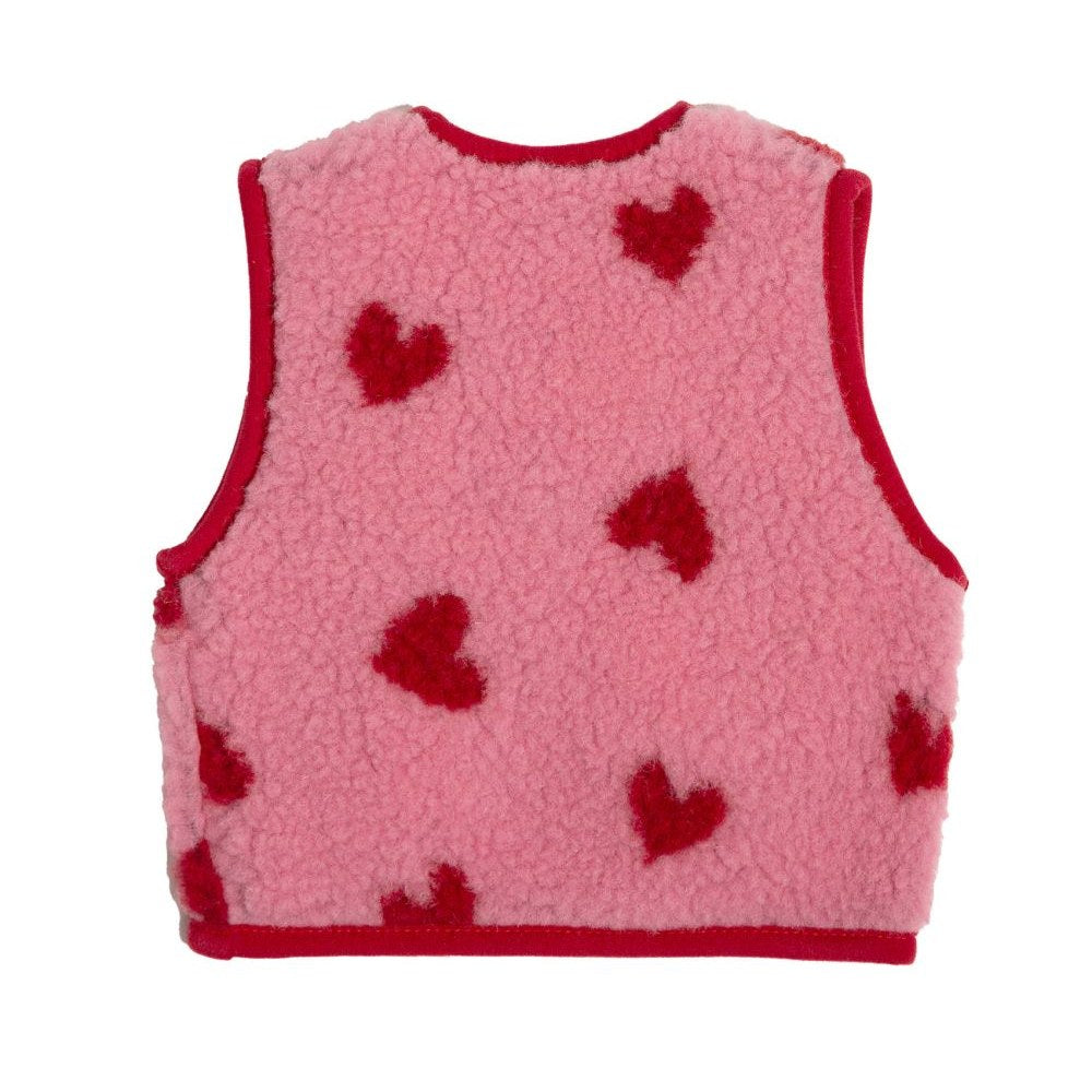 Alwero Lulu Baby bodywarmer in roze met rode hartjes patroon, vooraanzicht vlak gelegd