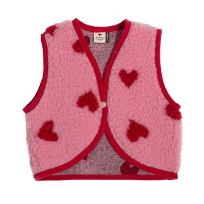 Alwero Lulu Baby bodywarmer in roze wol met rode hartmotieven, vooraanzicht plat gelegd