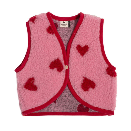 Alwero Lulu Baby bodywarmer in roze wol met rode hartmotieven, vooraanzicht plat gelegd
