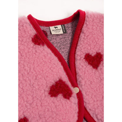 Alwero X Salty Lulu Baby bodywarmer in roze wol, bovenaanzicht met rode hartjes en bieding detail