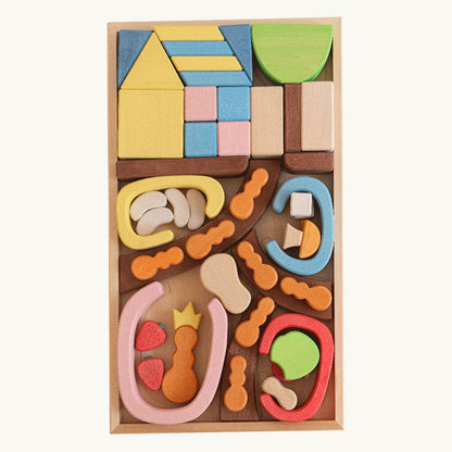 Avdar houten mierenhuis blokkenset met gekleurde blokken, vormen en miniatuur accessoires in houten doos, bovenaanzicht