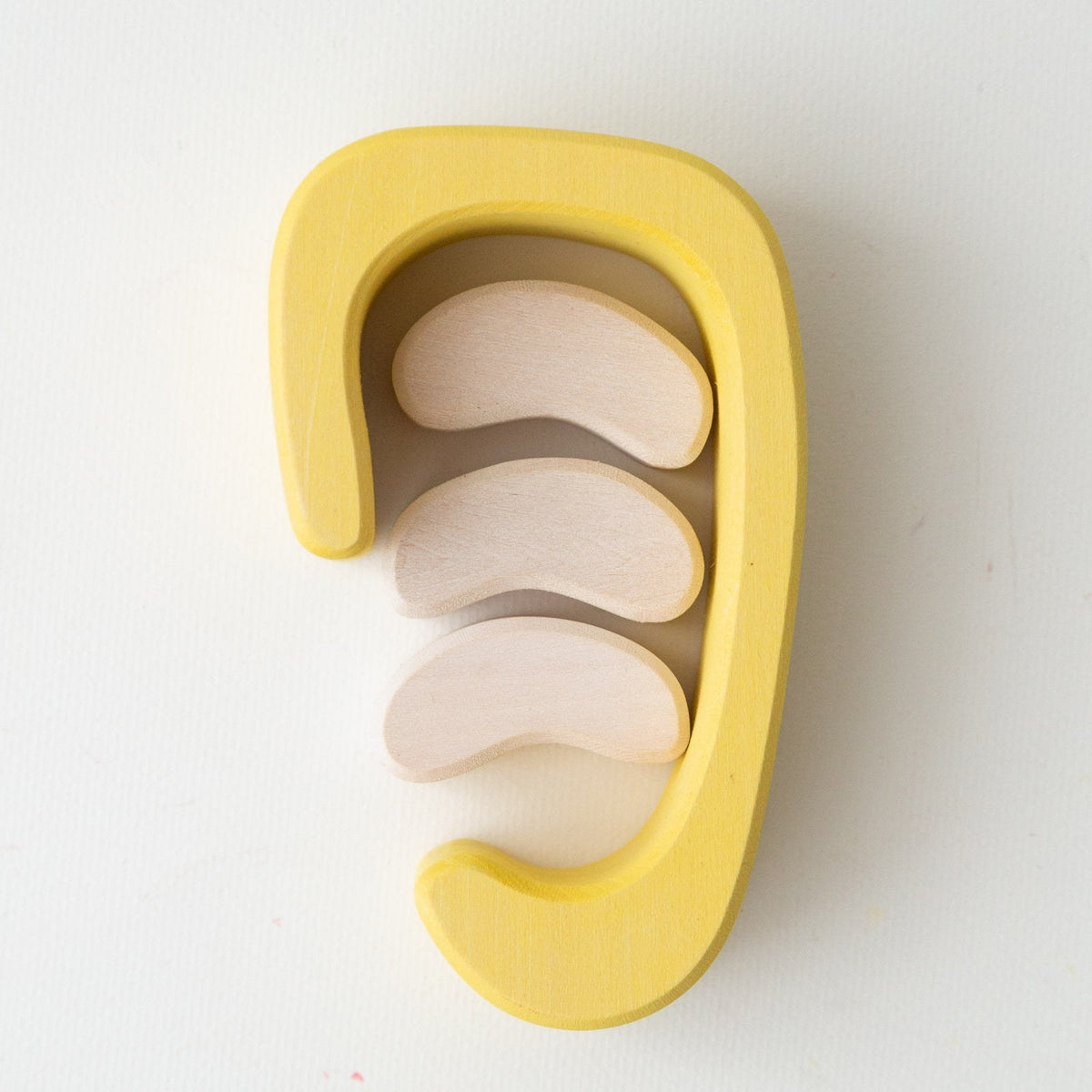 Avdar houten mierenhuis blokken set - gele houten container met beige/creme kleurige blokken gestapeld in opening, vooraanzicht detail.