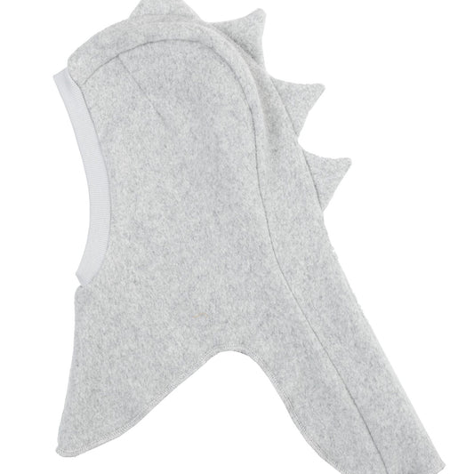 Wooly Organic balaclava dino in lichtgrijs, uitgespreid van boven gezien met duidelijk zichtbare dinosaurusspikes