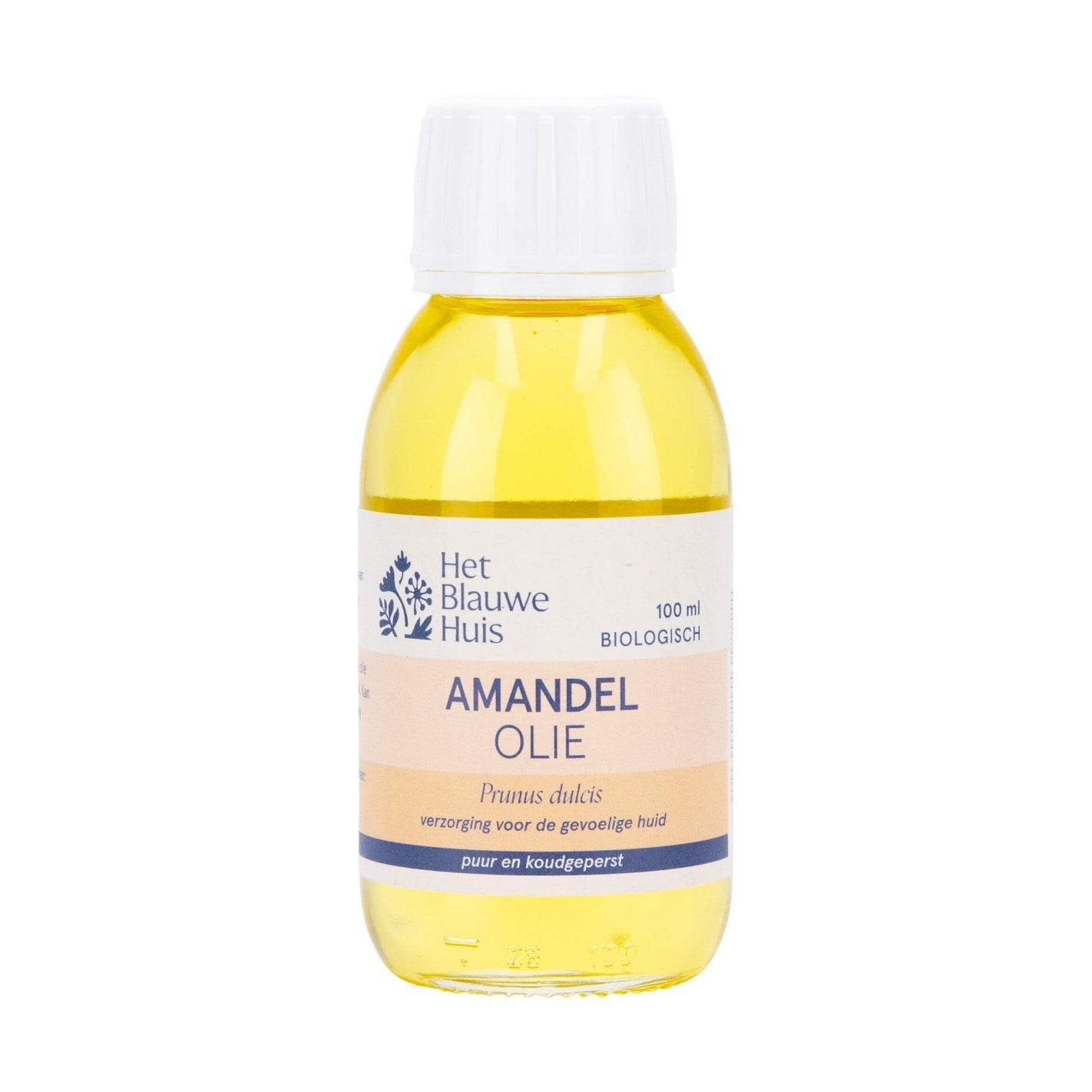 Het Blauwe Huis amandelolie 100ml biologisch in glazen fles met witte dop, geel product zichtbaar
