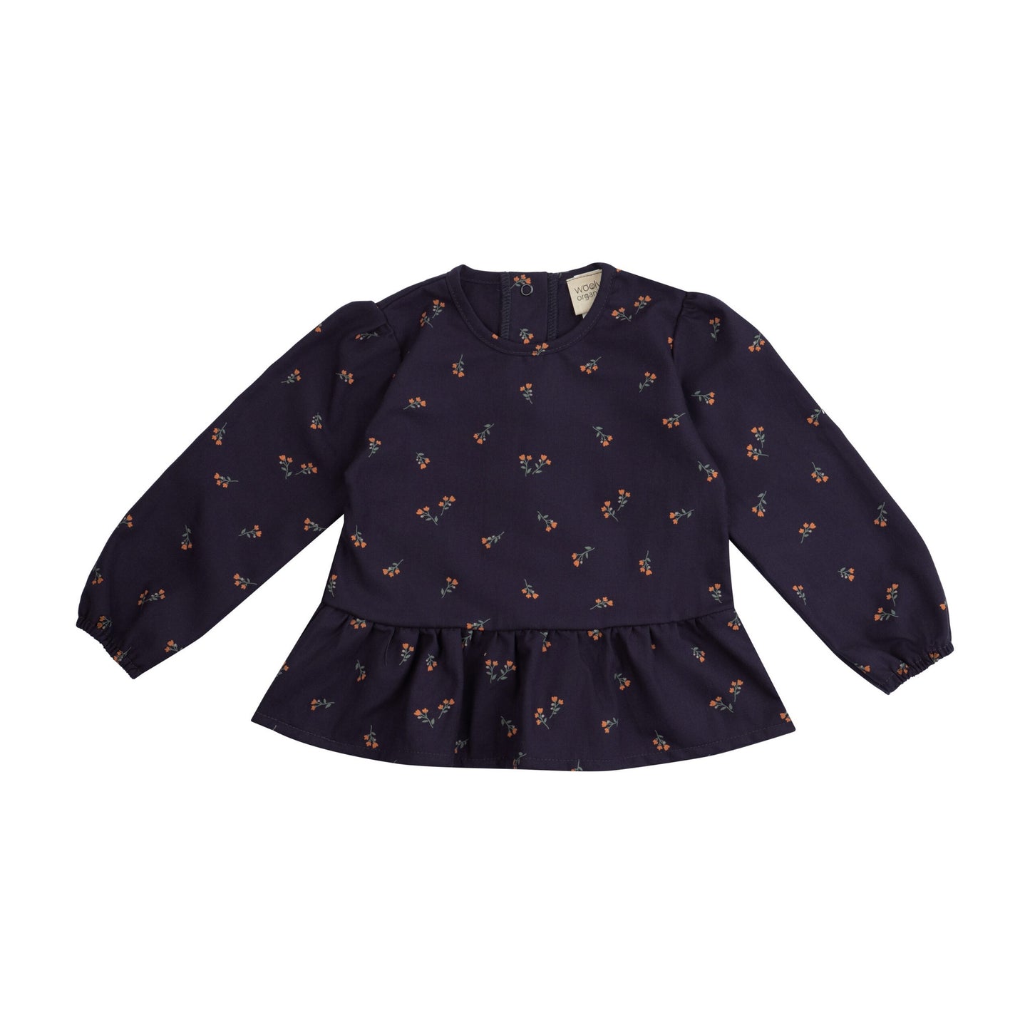 Wooly Organic donkerblauwe blouse met oranje bloemetjesprint, frontaal uitgespreid