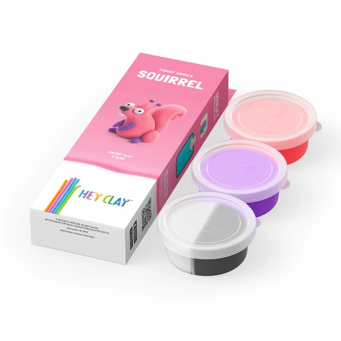 Hey Clay boetseerklei set Eekhoorn met roze verpakking, drie kleipotjes en instructiebox vanaf bovenaanzicht