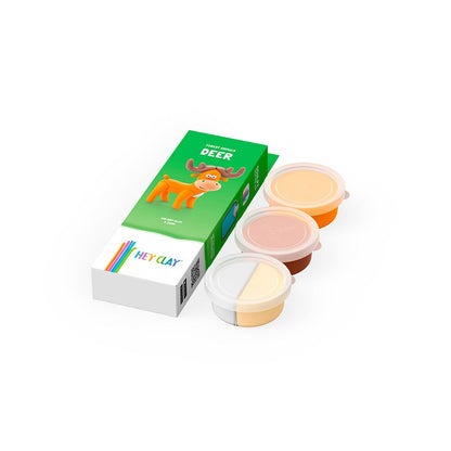 HEY CLAY boetseerklei set hert met drie kleurige kleiblikken en groene verpakking, rechthoekig gerangschikt