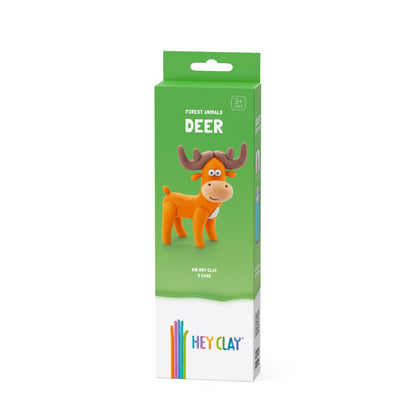 HEY CLAY boetseerklei set Hert - verpakking met oranje hert figuur en groene doos, vooraanzicht
