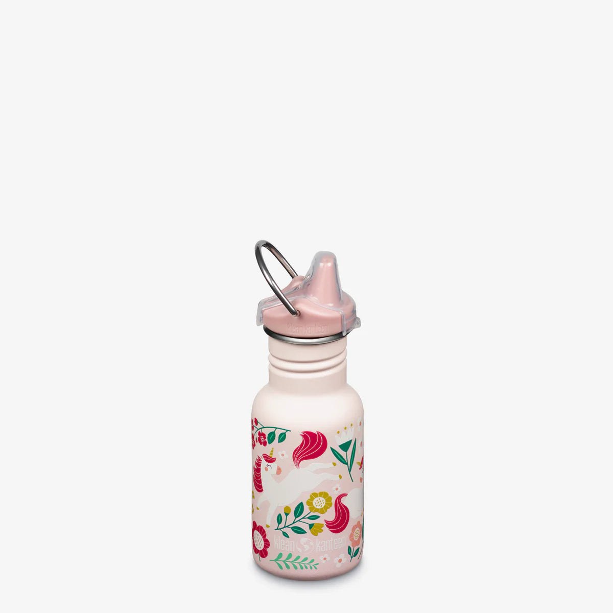 Klean Kanteen Classic 355ml sippy cup drinkfles met kleurrijke eenhoorn- en bloemillustratie, roze dop, frontaal gefotografeerd.