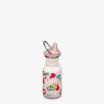 Klean Kanteen Classic 355ml sippy cup drinkfles met kleurrijke eenhoorn- en bloemillustratie, roze dop, frontaal gefotografeerd.