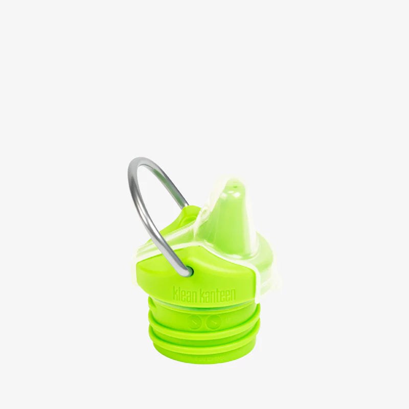 Klean Kanteen Classic 355ml sippy cup in felgroen met grijze drinkbeker-sluiting, bovenaanzicht op witte achtergrond