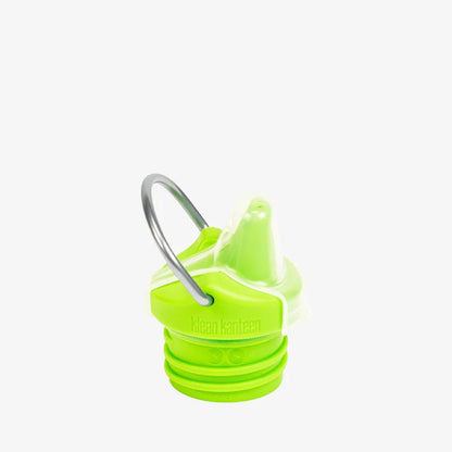 Klean Kanteen Classic 355ml sippy cup in felgroen met grijze drinkbeker-sluiting, bovenaanzicht op witte achtergrond