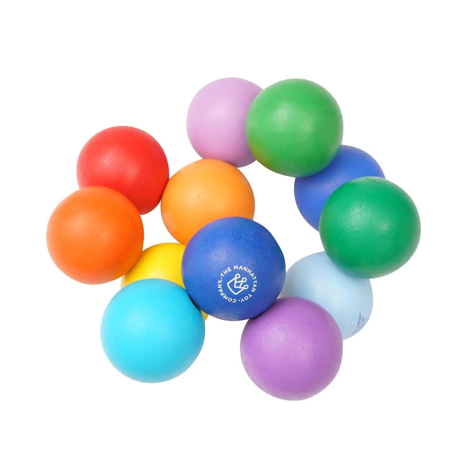 Manhattan Toy Classic Baby Beads: tien gekleurde sensorische kralen in cirkelformatie, bovenaanzicht met blauwe kraal met logo centraal.