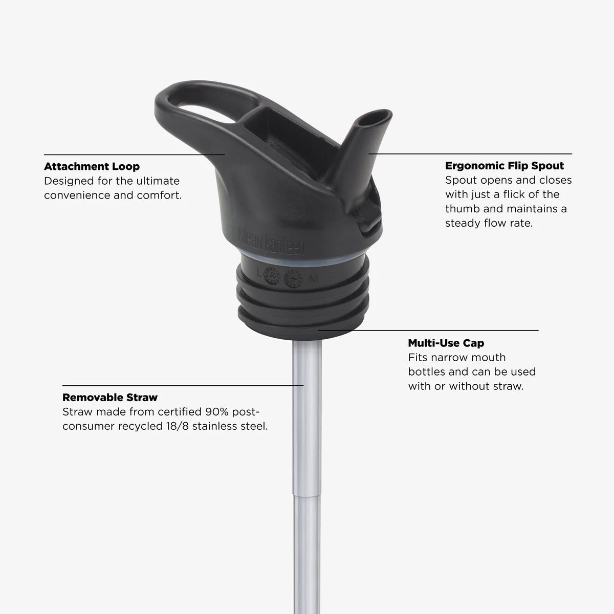 Klean Kanteen drinkfles met Flip Seal Sport Cap - detail spuitstuk, rietje en dop getoond