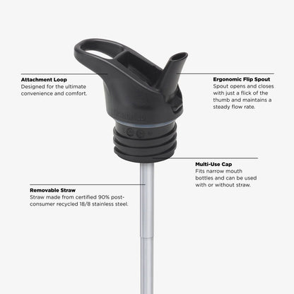 Klean Kanteen drinkfles met Flip Seal Sport Cap - detail spuitstuk, rietje en dop getoond