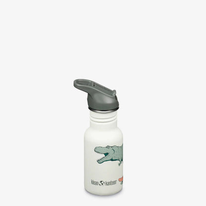 Klean Kanteen drinkfles 355ml met dino-print, witte fles met grijze flip sport cap, frontaanzicht