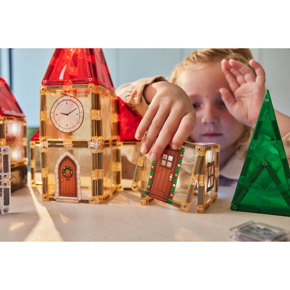 Cleverclixx kerstdorp: kind bouwt adventskalender met magnetische tegels, klokkentoren en huisjes zichtbaar