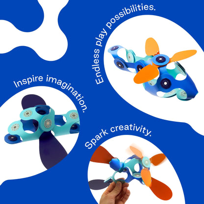 Clixo Airplane Pack magnetische bouwset met drie vliegtuigmodellen in verschillende kleuren tegen blauwe achtergrond met inspirerende slogans
