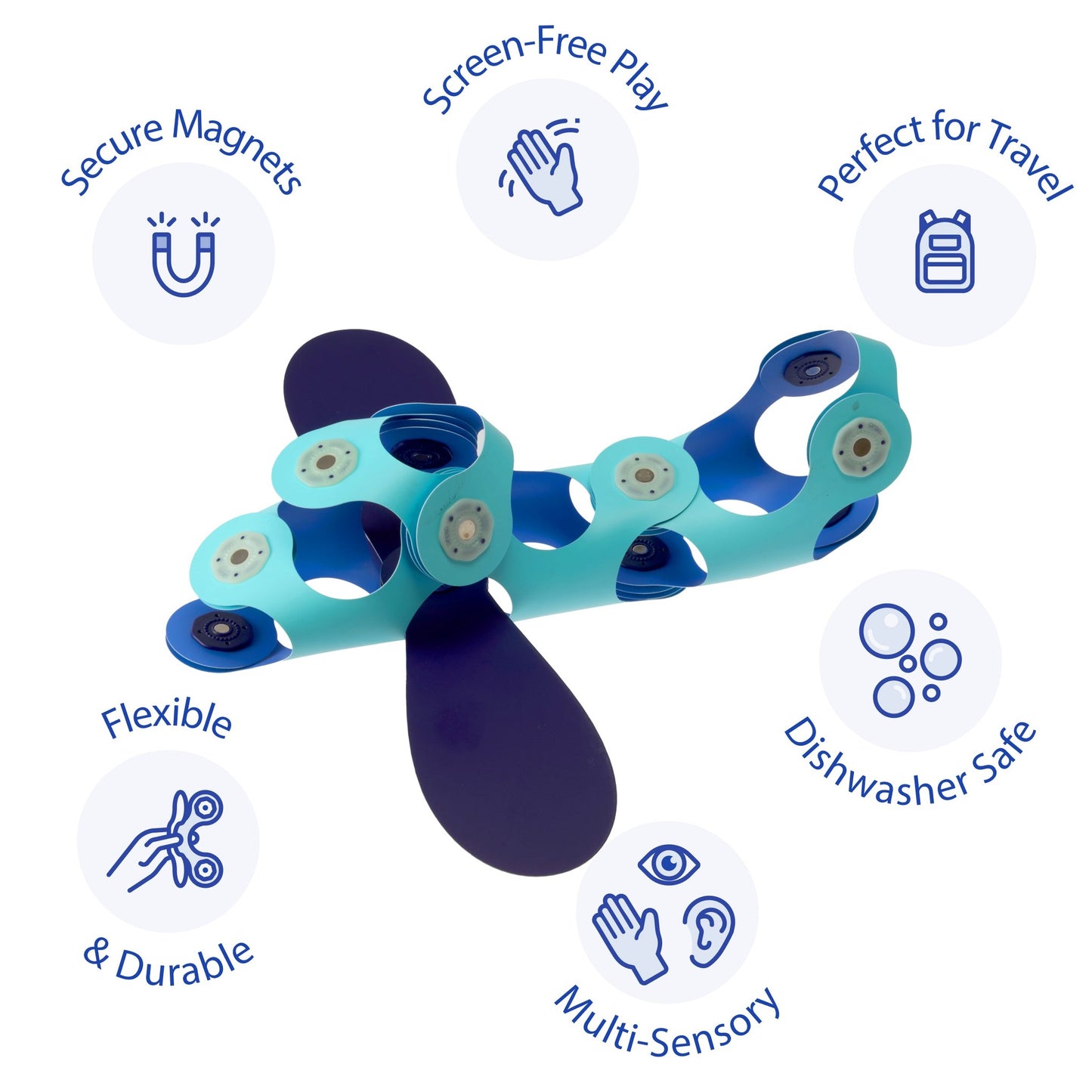 Clixo magnetisch bouwspeelgoed vliegtuig set met flexibele turquoise en donkerblauwe onderdelen, propeller en 8 feature iconen rondom