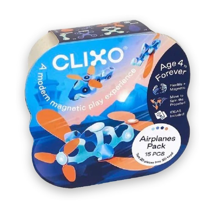 Clixo Airplane Pack magnetisch bouwspeelgoed in verpakking, schuin gefotografeerd met blauw vliegtuig en oranje propellers zichtbaar