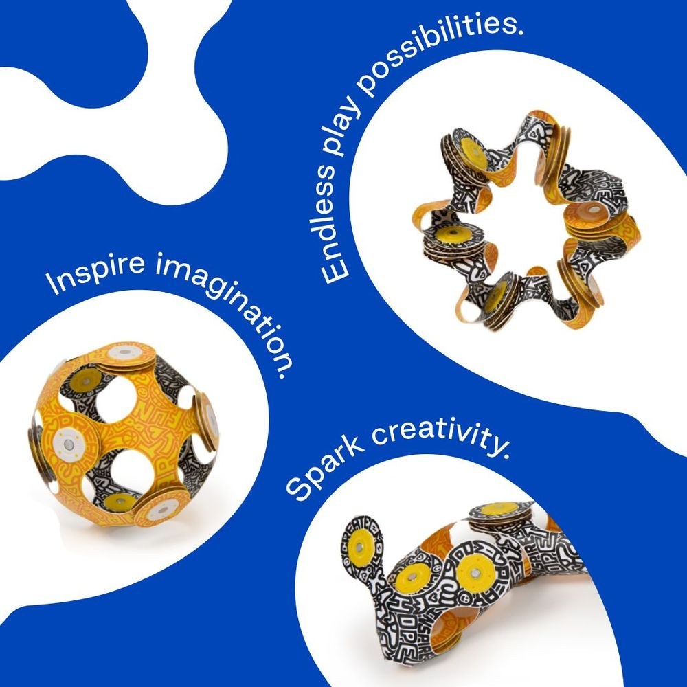 Clixo Tiny & Mighty Artist Edition magnetische bouwset met 9 flexibele onderdelen in geel en zwart patroon, getoond in drie verschillende 3D-vormen te