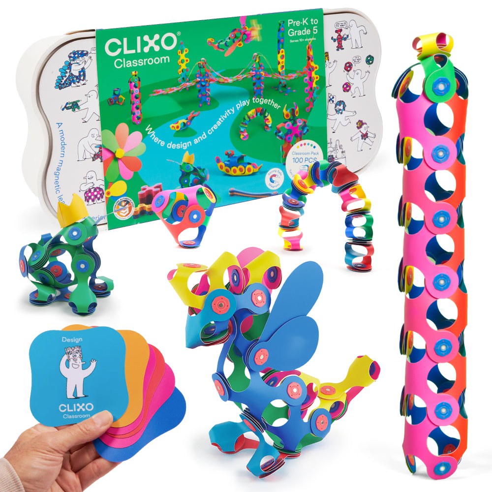 Clixo Educatie Pack 100 stuks: magnetische bouwset met gekleurde onderdelen, constructies en handleiding op groene verpakking