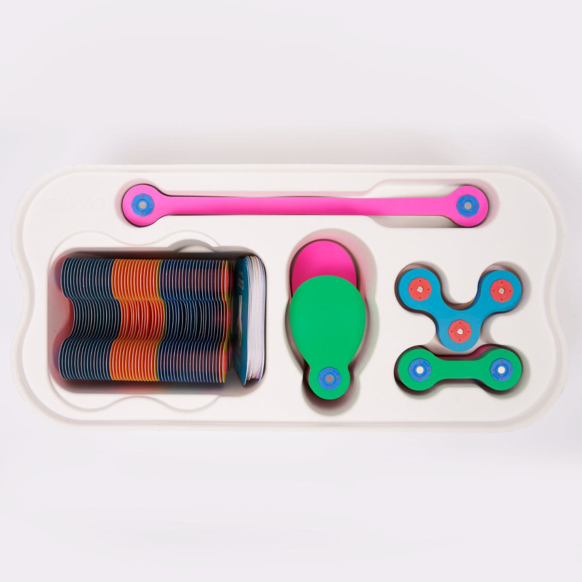 Clixo Educatie Pack 100 stuks - magnetische bouwset met gekleurde ringen, elastische verbindingsstukken en magneetonderdelen in een wit sorteerblok