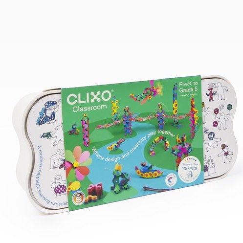 Clixo Classroom magneetbouwset 100 stuks verpakking in perspectief met voorbeelden van gekleurde 3D-creaties op groene doos