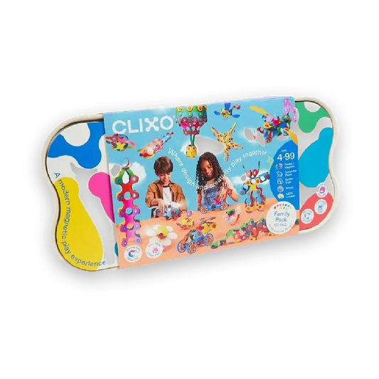 Clixo Family Pack 150 stuks Rainbow magnetisch bouwspeelgoed - verpakking schuin gefotografeerd met speelvoorbeeld en onderdelen zichtbaar