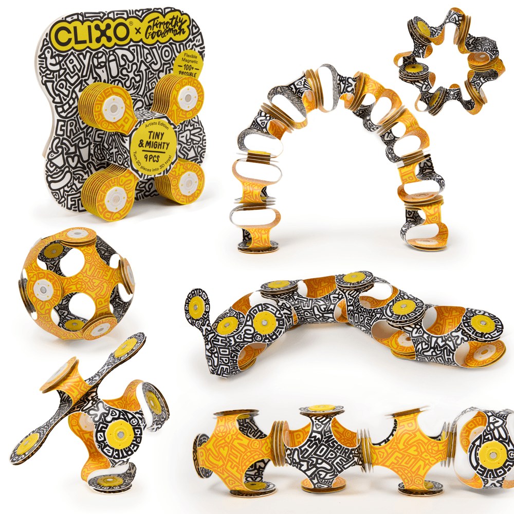 Clixo Tiny & Mighty Artist Edition - 9 magnetische bouwstukken in geel-zwart patroon, uitgelegd in verschillende 3D-vormen en configuraties