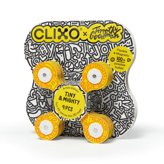 Clixo Tiny & Mighty Artist Edition Timothy Goodman magnetische bouwset met 9 gele onderdelen op verpakking, vooraanzicht