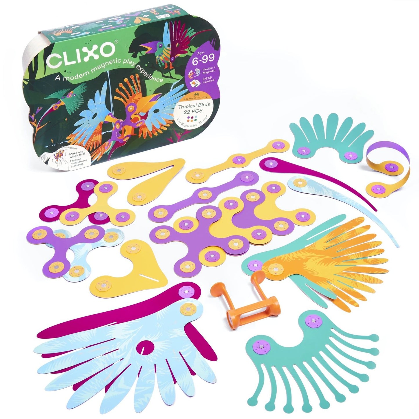 Clixo Tropical Birds Pack magnetisch bouwspeelgoed met 22 onderdelen uitgestald: gekleurde vogelonderdelen in paars, geel, turquoise en oranje met mag