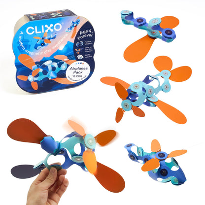 Clixo Airplane Pack magnetische bouwset met 15 onderdelen: verpakking en verschillende vliegtuigconfiguraties getoond, één in hand