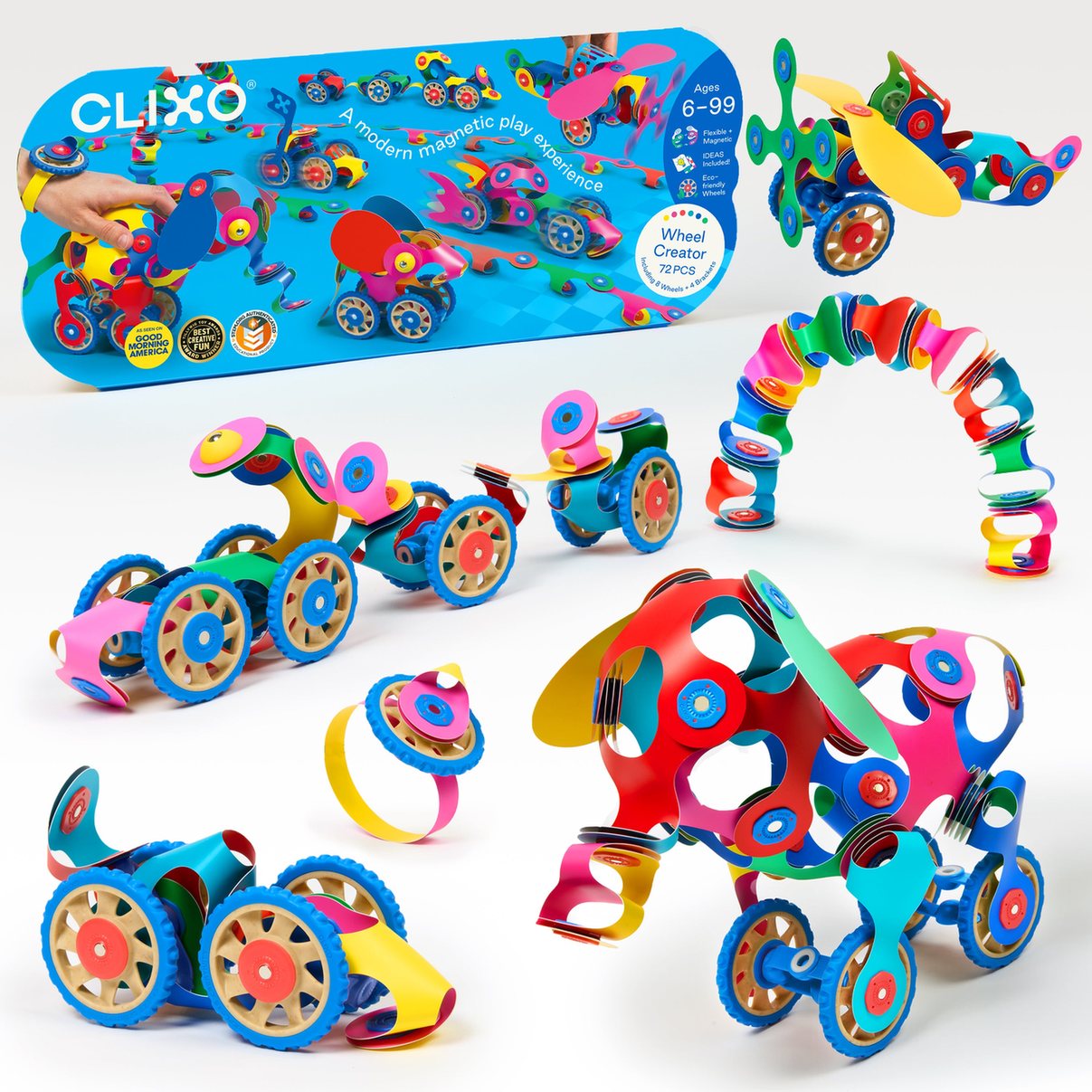 Clixo Wheel Creator Pack magnetisch bouwspeelgoed met 72 onderdelen: voertuigen, robots en constructies in verschillende kleuren op witte achtergrond