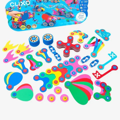 Clixo Wheel Creator Pack magnetisch bouwspeelgoed: alle 72 onderdelen uitgestald, inclusief gekleurde wielen, buigbare vormen en verbindingsstukken.