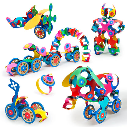 Clixo Wheel Creator Pack: magnetische bouwset met 72 onderdelen in verschillende vormen en kleuren, meerdere gemaakte voertuigen en robots op wit.